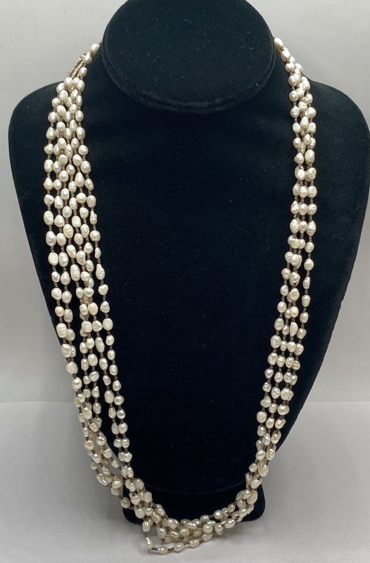 825 Silver 5-Strand Freshwater Pearl Necklace 28.5″ Rice Pearl 65.7g