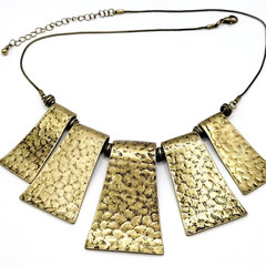 Exotic Hammered Style 5 Metal Plate Bib Necklace Brutalist Cleopatra Look 21 In