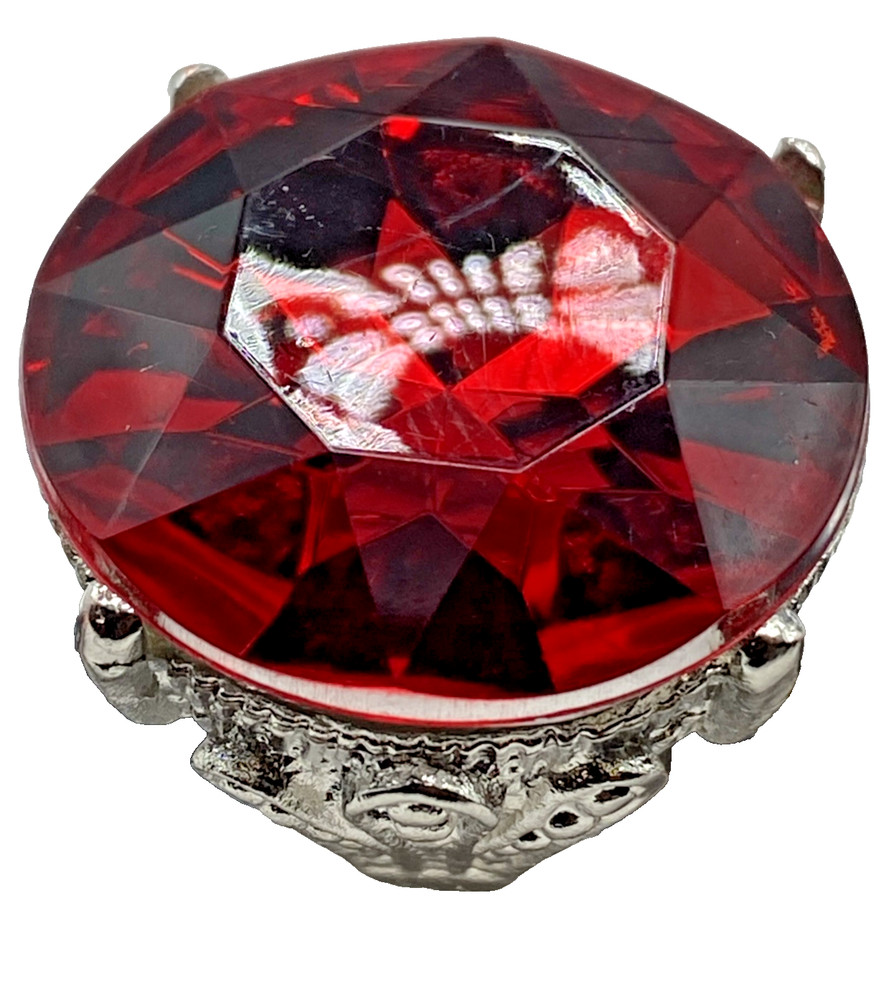 Lab Created 27mm plastic ruby adjust TOY ring 7.5 size 9 Silver plated Metal VTG