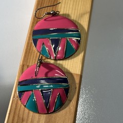VTG 1980 90s Edgar Berebi Signed Geometric Enamel Dangle Earrings Pink Gold Tone