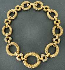 Vintage Givenchy Necklace Oval Link Rhinestone & Color Cabochon Gold Tone READ