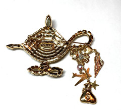 Kirks Folly MAKE A WISH MAGIC LAMP Brooch Rhinestone Charms Gold Tone 3.25″
