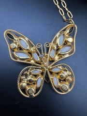 Vintage Gold Tone Butterfly Pendant Necklace Black White Rhinestone Statement