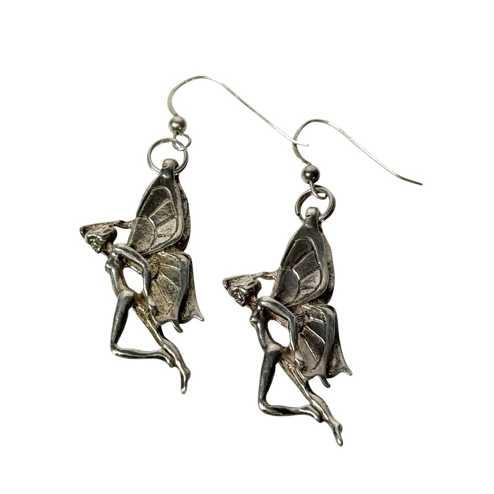 Vintage Art Deco Silver Butterfly Winged Nude Fairy Woman Dangle Earrings