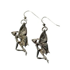 Vintage Art Deco Silver Butterfly Winged Nude Fairy Woman Dangle Earrings