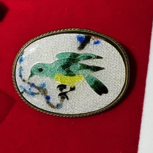 Vintage Oval Blue Yellow White Green Bird Guilloche Cloisonne Enamel Brooch