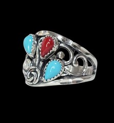 Wheeler MFG Sterling Silver Sleeping Turquoise Coral Diamond Cut Rose Leaf Ring