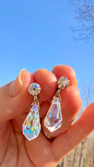 Vintage Aurora Borealis Crystal Drop Earrings Screw Back Faceted AB Glass