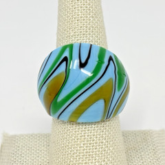 Murano Swirl Art Glass Wide Dome Cocktail Ring Blue Gold Chunky Sz 7.5
