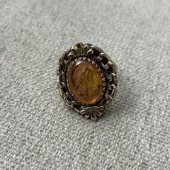 Whiting And Davis Amber Cameo Ring Signed Gold Chain Boarder Vintage 6.5-7