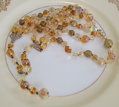 Vintage 3 Strand Necklace Amber, Gold, Pink 1940s-1950’s Glass Aurora Borealis