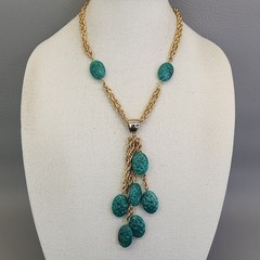 Vintage Celebrity NY Necklace Simulated Jade Green Dangles Gold Tone Layers 20″