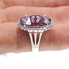 Fabulous 14k Solid White Gold 7.77ct Natural Amethyst & White Zircon Ring Size 6