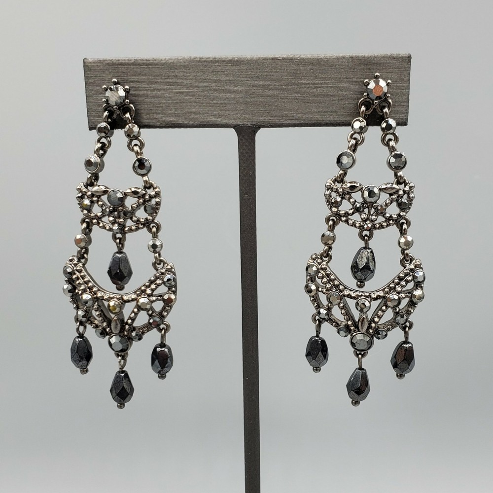 Monet Gun Metal Black Grey Faux Hematite Crystal Chandelier Post Earrings