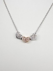 $6000 1ct VS G & FANCY INTENSE PINK Diamond 3 HEART 18k White Rose Gold Necklace