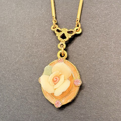 Vintage 1928 Brand Porcelain Rose Swirl Enamel Rhinestones Gold Tone Necklace