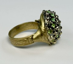 Vintage Green Rhinestone Cocktail Dome Ring Adjustable Band Gold Tone