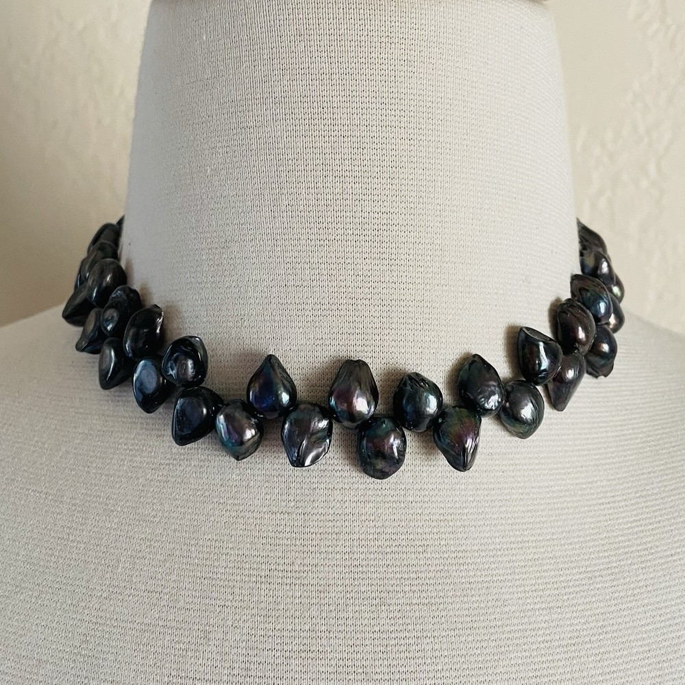 VTG Iridescent Peacock Baroque Pearl Necklace Sterling Silver Clasp~18”