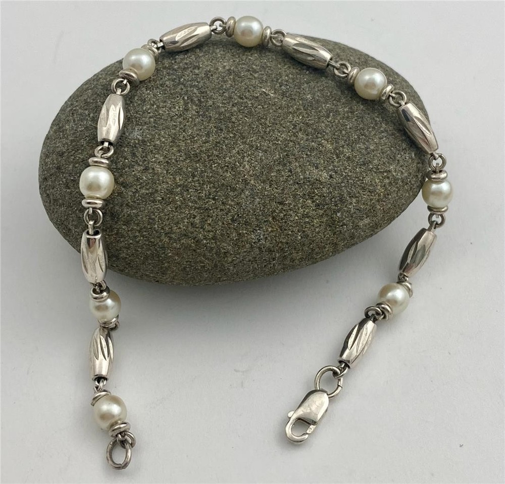 Vintage Silver Tone Small Barrel Beads & 5MM Faux Pearls Link Bracelet 7-5/8″ L