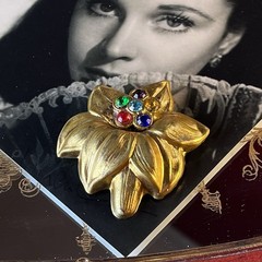 Antique Floral Brooch – Gold Washed Brass – Glass Stones – 2.25” – Tension Clasp