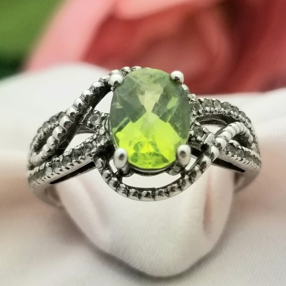 Silver Oval Peridot Cubic Zirconia Filigree Ring-925-Sterling-10mm Peridot-1.50c