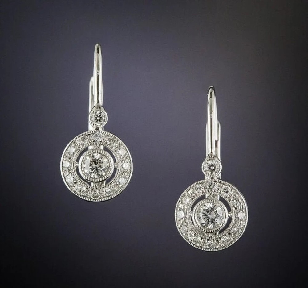 Art Deco Style Round Cut Lab-Created Diamond Drop/Dangle Halo Earrings In Silver