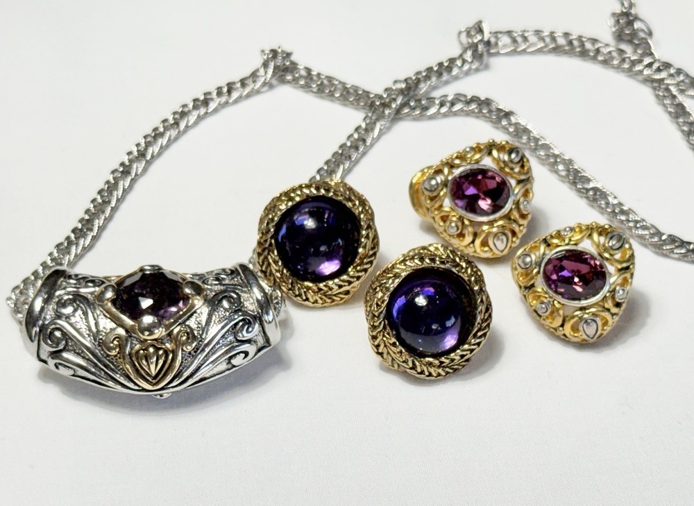 Purple Gold Tone Silver Tone Metal Necklace Chain Earrings Set Y2K Renaissance