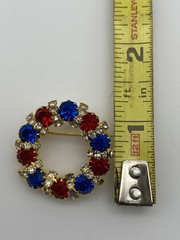 Wreath Circle Ruby Red, Blue & Rhinestone Gold Tone Brooch