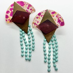 Vtg RARE 80s Post Modern Pop Art Pink Resin Blue Tassel Statement Earrings Post