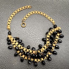 Vintage Old Book Chain Black Faceted Bead Charm Bib Festoon Layered Necklace 17”