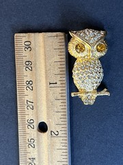 VTG Gold Rhinestone Owl Brooch Citrine Eyes Bird Pin 1.5” Mid Century Sparkle
