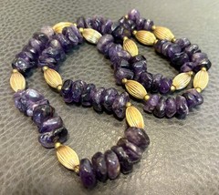 Genuine Dark Purple Amethyst Nugget Beaded Vintage Gold Tone Chunky Necklace 24”