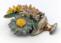 Vintage Pot Metal Brooch Enamel Giardinetti Flower Basket Rhinestone Urn Deco