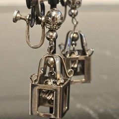Vintage Silver Tone Lantern Cage Dangle Screw Back Earrings Bell Charm Figural