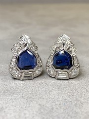 Art Deco Platinum Shield Sapphire European Diamond Earrings Burma No Heat GIA