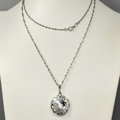 Crystal Pendant Necklace Large Round Faceted Rivoli Silver Tone Twist Chain Long
