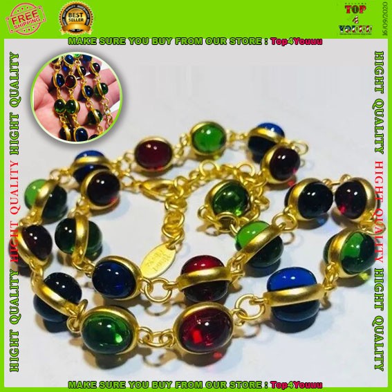 Rainbow Glass Vintage Style Long Necklace Bezel Jelly Glass Cabochons Necklace