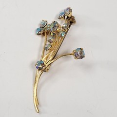 Vintage AB Rhinestone Floral Spray Brooch Pin Gold Tone West Germany Jewelry