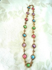 Vintage Gold Tone Necklace Bezel Set Pink Purple Blue Green Stones 22 1/2 In.