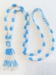 Vintage Southwestern Sky Blue & White Glass Seed Beaded Tassel Boho Necklace