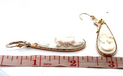 Estate 14k Yellow Gold White Resin Carved Cameo Teardrop Statement Drop Earrings