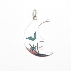 925 Sterling Silver Vintage Real Turquoise Inlay Crescent Moon Charm Pendant