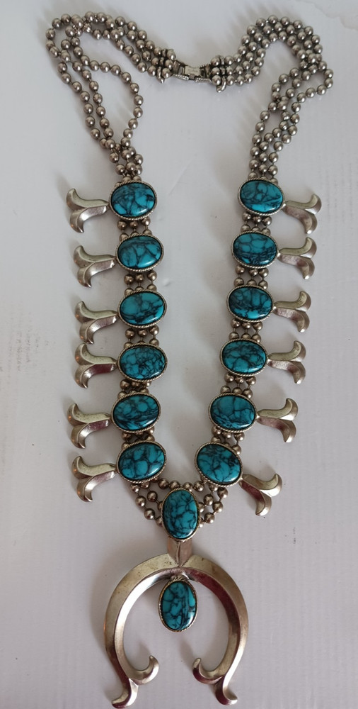 Vintage Goldette Squash Blossom Faux Turquoise Necklace 25″ 1970’s Southwestern