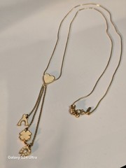 Vintage Monet Lariat Necklace Gold Tone Cream Enamel Good Luck Charms Heart