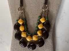 Chunky Vintage Boho Geometric Bead Cord Necklace Green Brown Yellow Statement