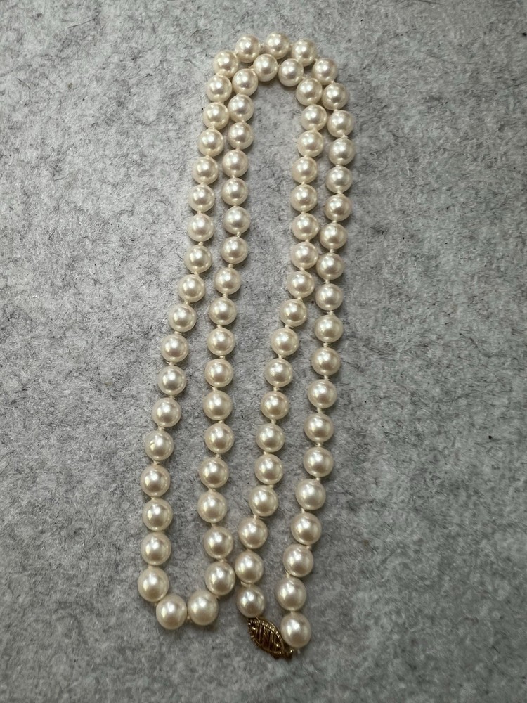 VTG Solid 14k Gold Clasp Extra Long 6.8mm Genuine Cultured Pearl Necklace 24”37g