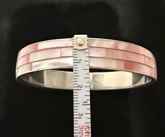 Bangle Bracelet Mother of Pearl Pink Shell Inlay on Silver Retro Boho Mosaic