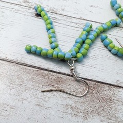 Vintage Earrings For Pierced Ears Light Blue & Green Beaded Dangle