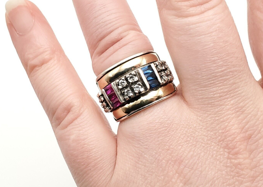 Vintage Sterling Gold Inlay Multi Gemstone Ruby Sapphire Wide Ring Band Sz 5.25