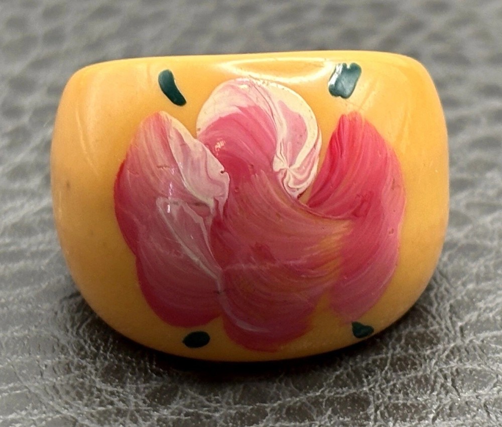 Vintage Bakelite Dome Ring Hand Painted Pink Flower Yellow Cream Statement 5.5
